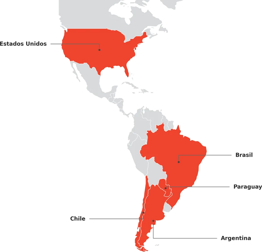 Mapa de América con Estados Unidos, Brasil, Paraguay, Chile y Argentina marcados