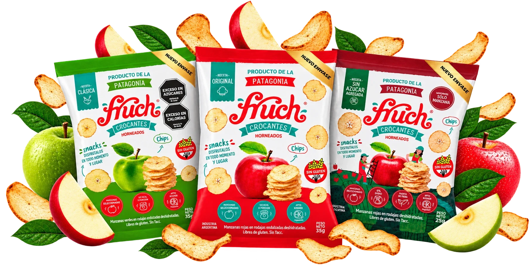 Bolsas FRUCH Manzana Verde, Manzana Roja y Corte Americano con nuevo envase, rodeadas de manzanas y chips