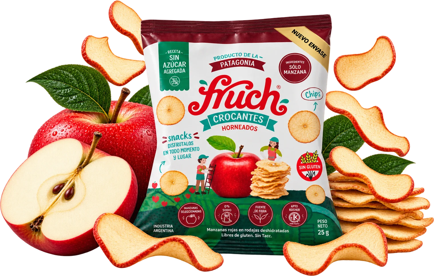 Paquete FRUCH Corte Americano, receta sin azúcar agregada, solo manzana, 25 g, nuevo envase