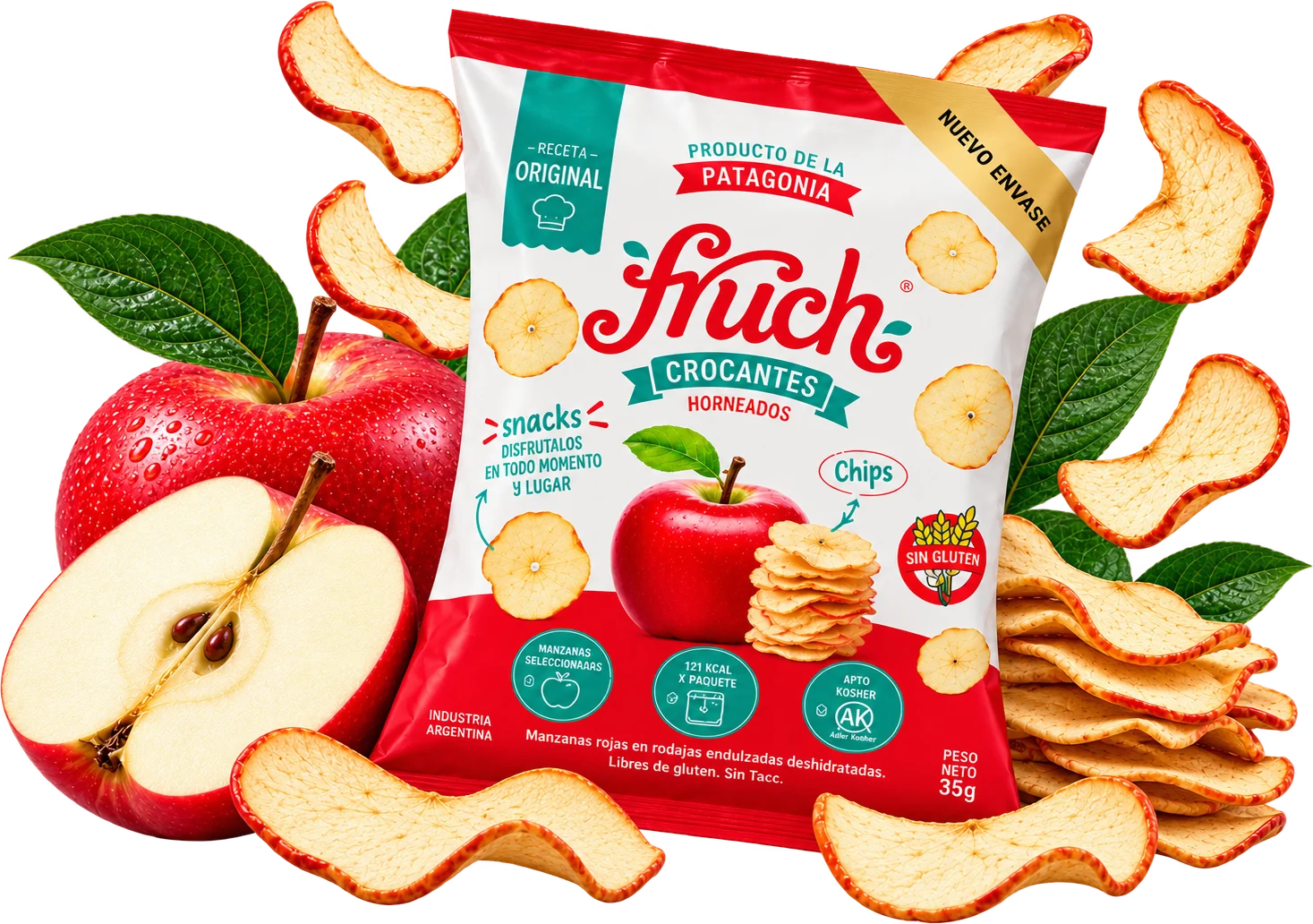 Paquete FRUCH Manzana Roja, receta original, nuevo envase, con manzanas y chips