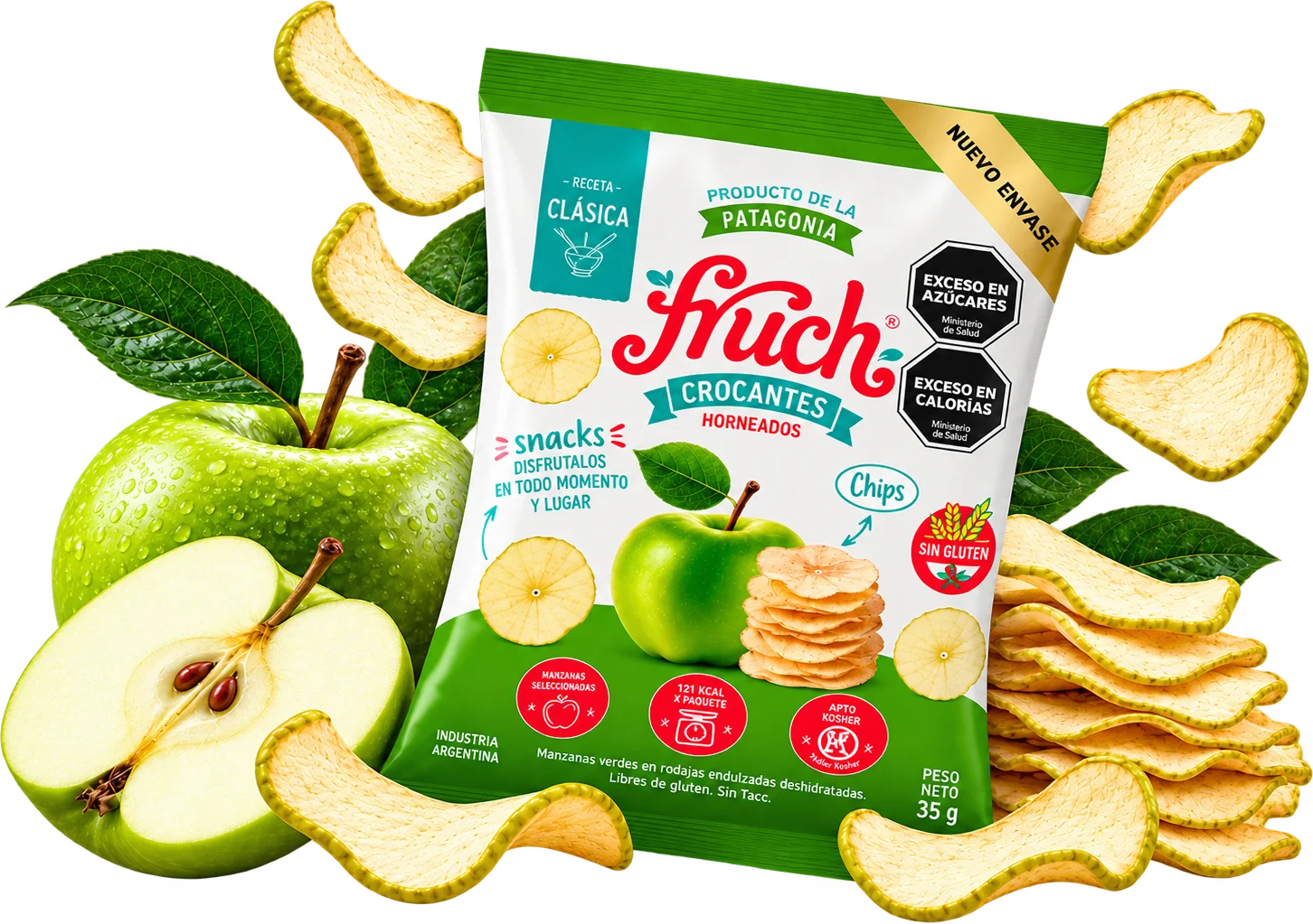 Paquete FRUCH Manzana Verde, receta clásica, nuevo envase, con manzanas verdes y chips